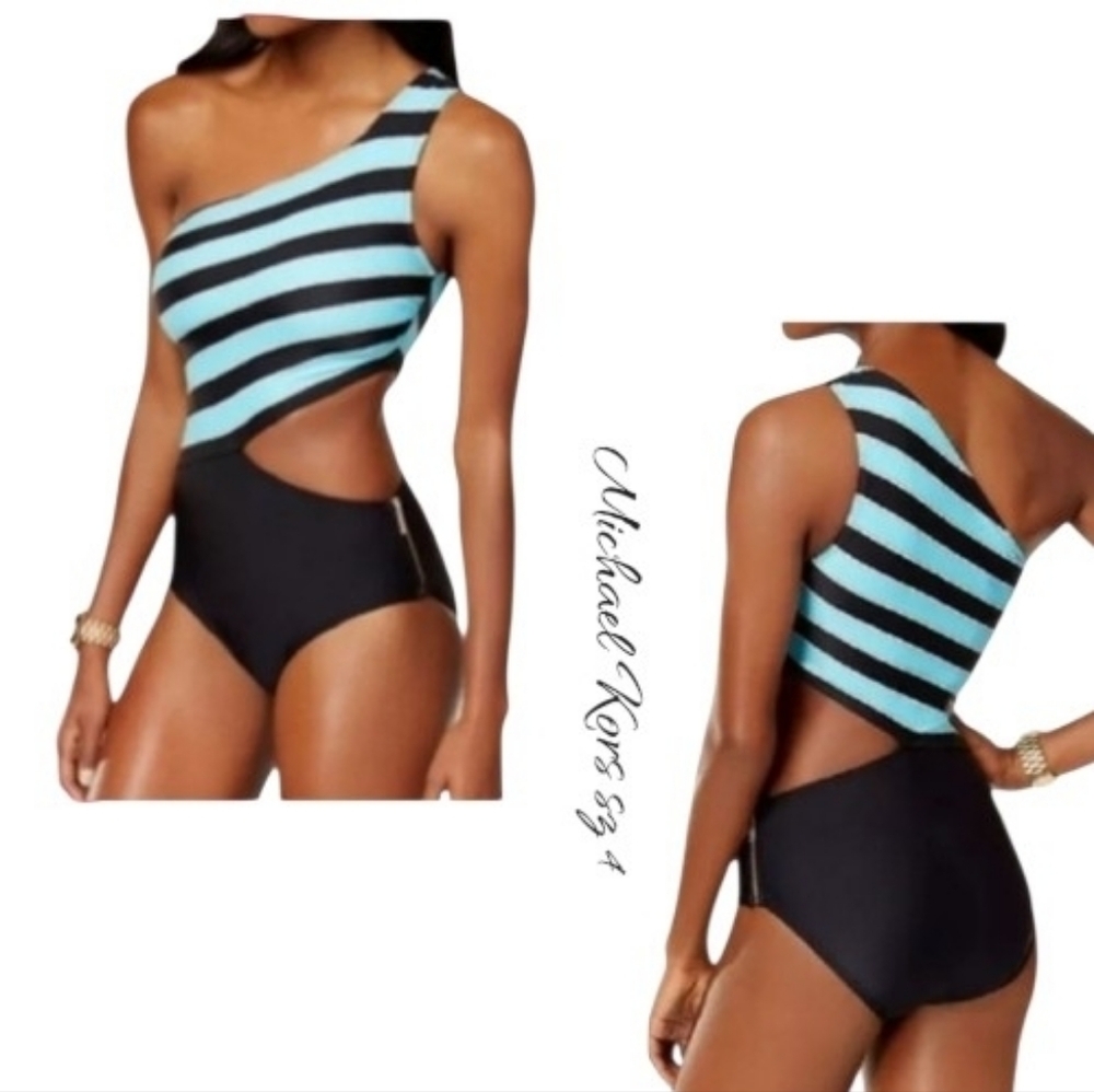 NWT MICHAEL Michael Kors Rope Rugby Stripe One Shoulder Cut Out One Piece 4 - Picture 2 of 9